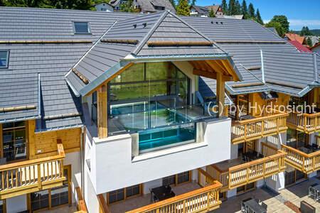 Glass walls are often used in above-ground pools, but they’re equally striking in cantilever pools. Black Forest, 2021