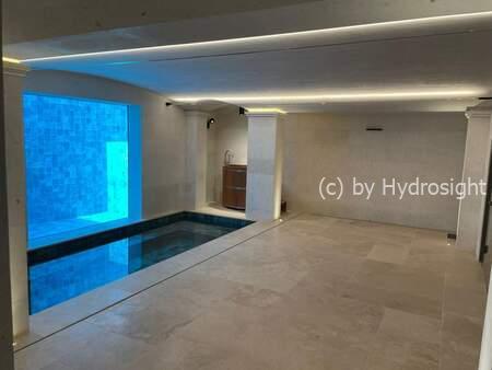 This image demonstrate how the transparent glazing offers views into the water of a second pool outdoors, visually connecting the two aquatic spaces